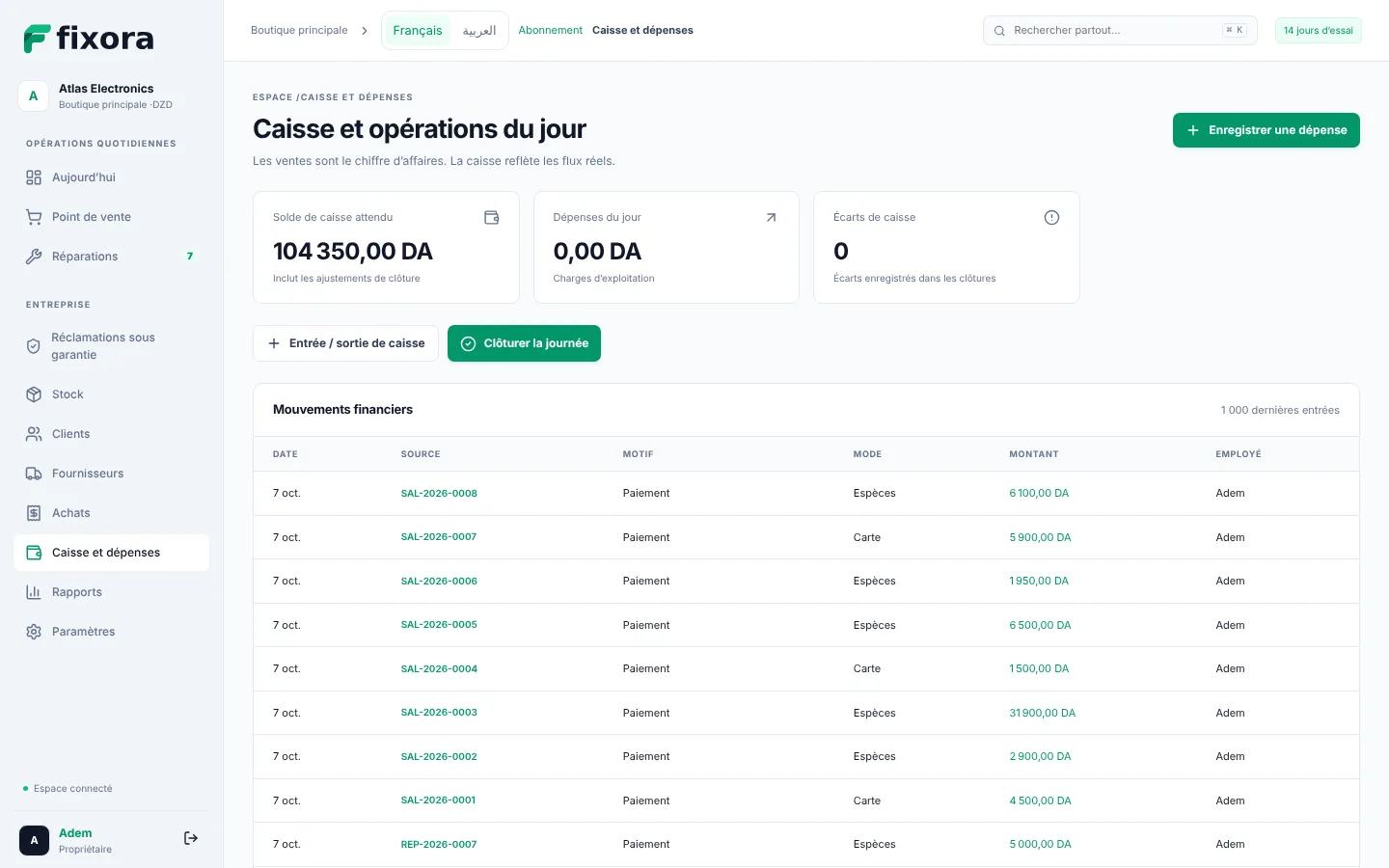 Fixora: Cash and daily operations