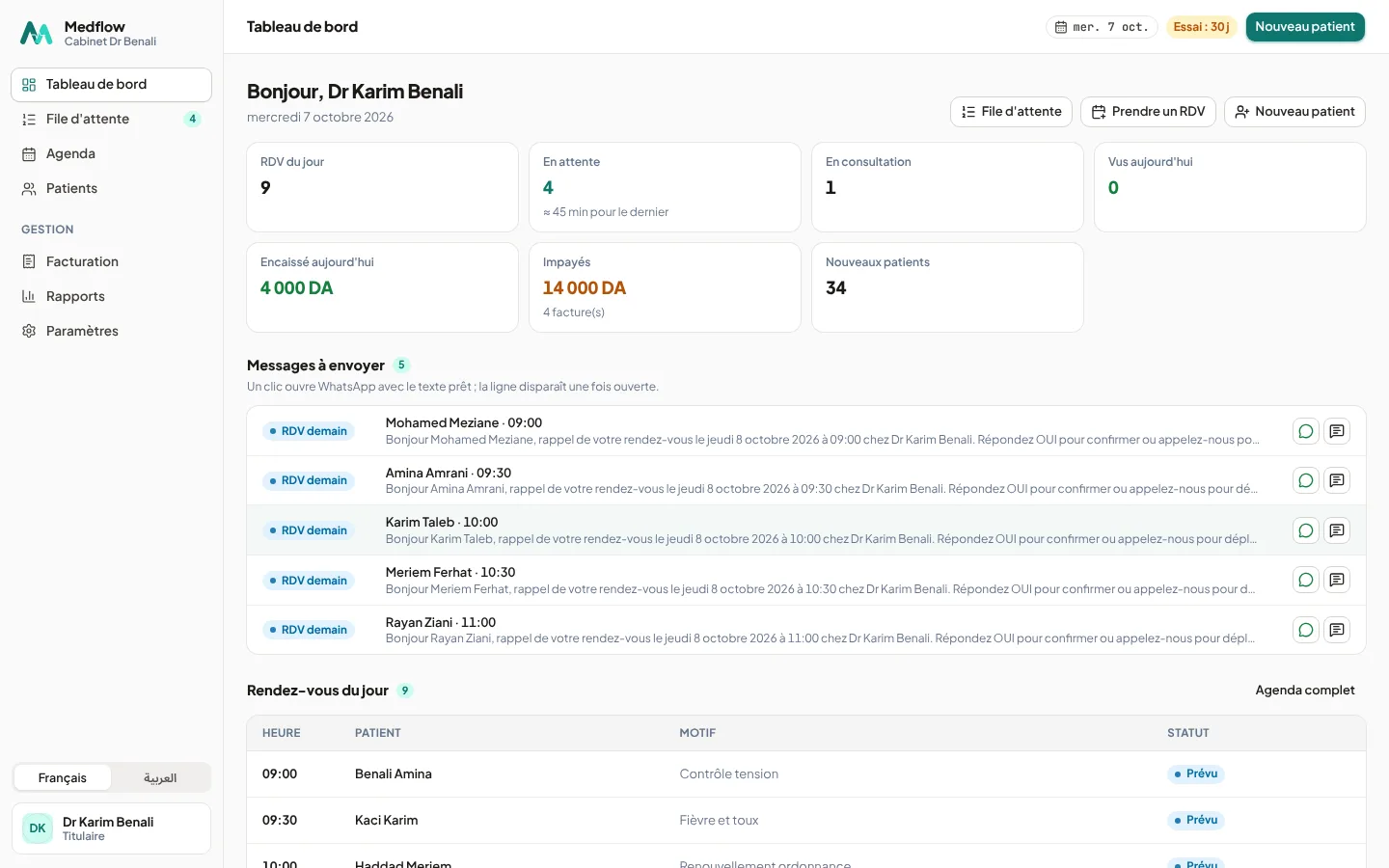 Medflow: Dashboard and reminders to send