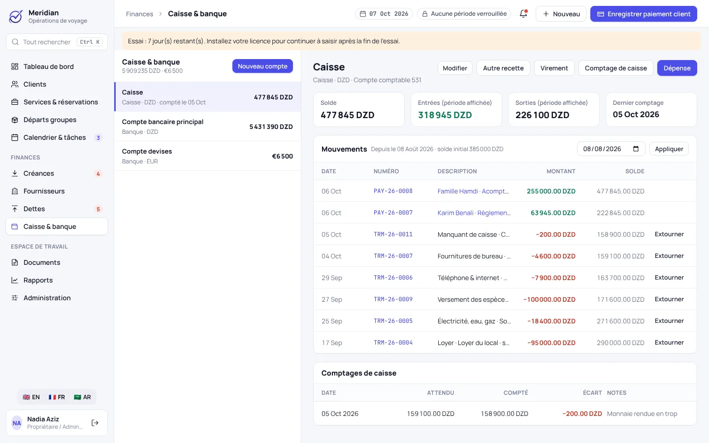 Meridian: Cash drawer and bank accounts